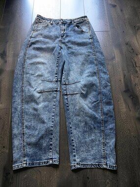 Y2K Acid Wash Barrel Leg Jeans Womens 29 Blue High Rise Wide Leg Cropped Denim